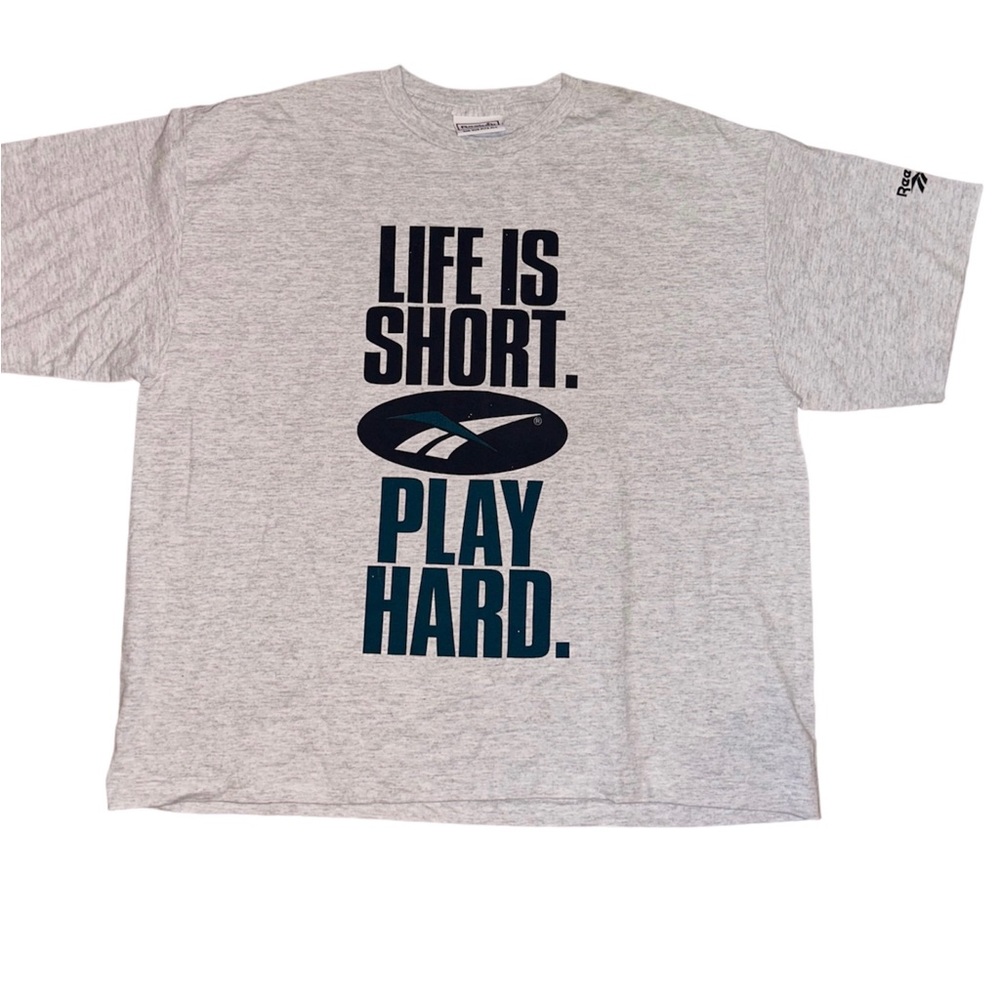 Vintage Brand New No Tags Reebok Life Is Short , Play Hard . Grey T-shirt Size L